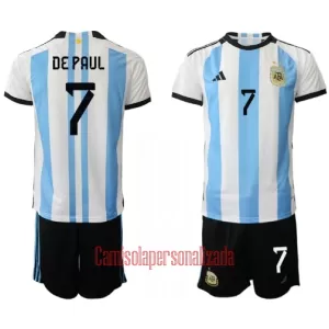 Camisolas Argentina Rodrigo de Paul 7 Criança Equipamento Principal Mundial 2022 Camisolas Argentina Rodrigo de Paul 7 Criança Equipamento Principal Mundial 2022